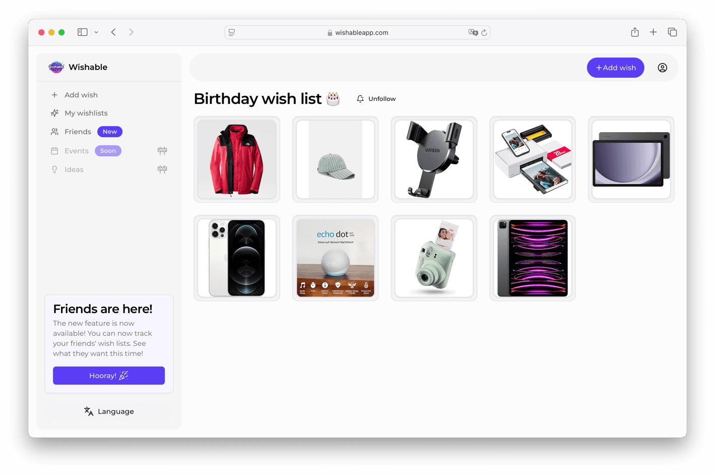 Birthdays wishlist preview